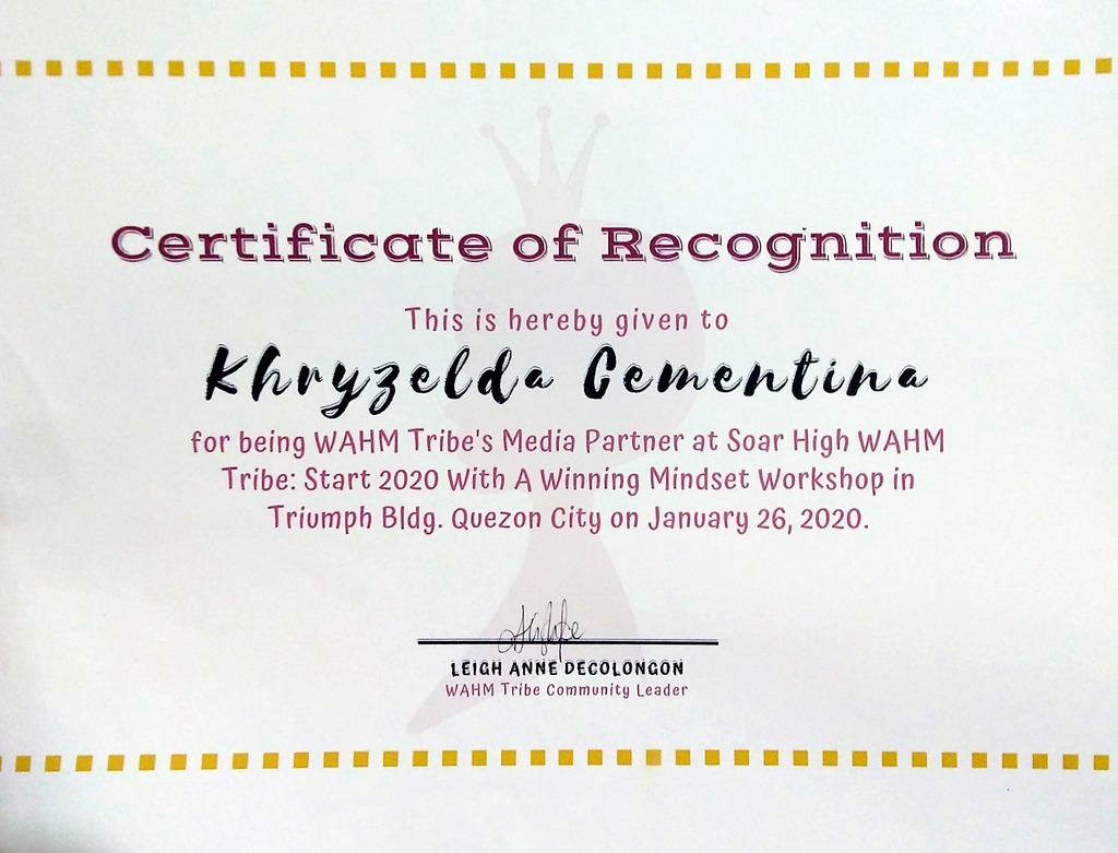 WAHM Certificate of Recognition