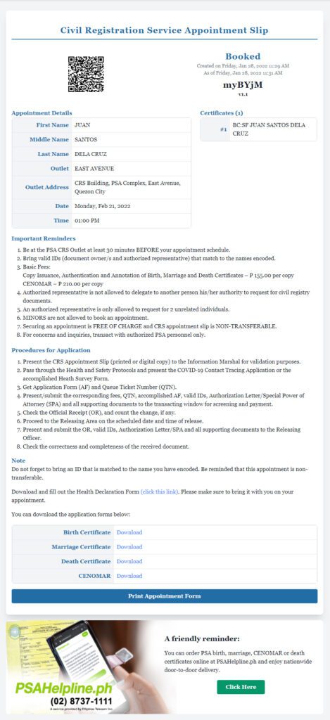 Civil Registration Service Appointment Slip