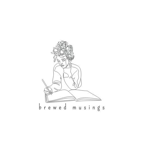 Brewed Musings logo woman holding a pen writing on a notebook. blog update