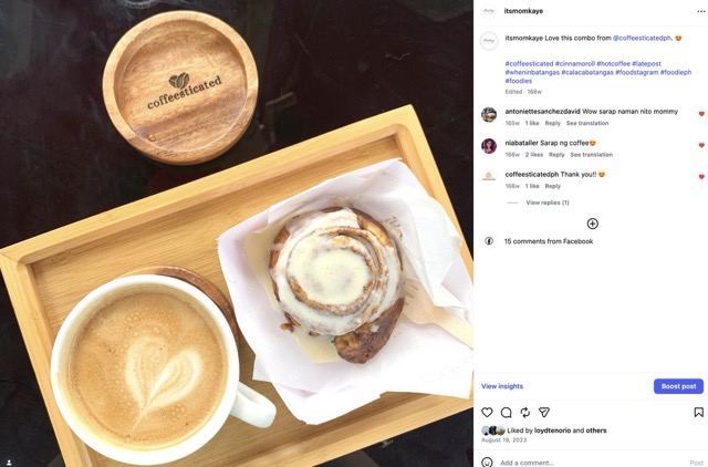 Coffeesticated. Hot coffee + Cinnamon Roll. coffee shop in Calaca City